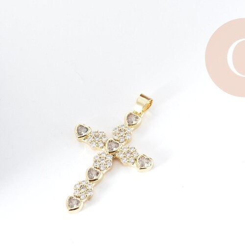 Pendentif croix laiton doré zircons 41.5mm, x1 (g8996)