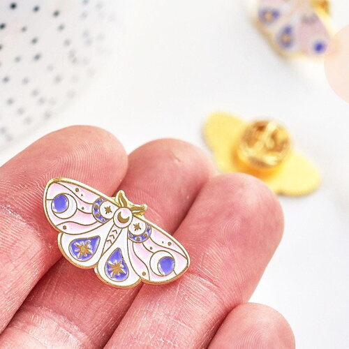 Broche pins papillon mystique doré émail rose 27.5mm, x1 (g5544)