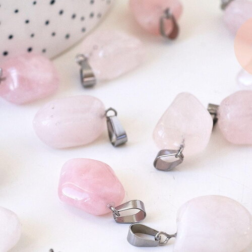 Pendentif quartz rose roulé acier platine, pendentif pierre acier inoxydable, bijou pendentif pierre naturelle,15-35mm, x1, g3942