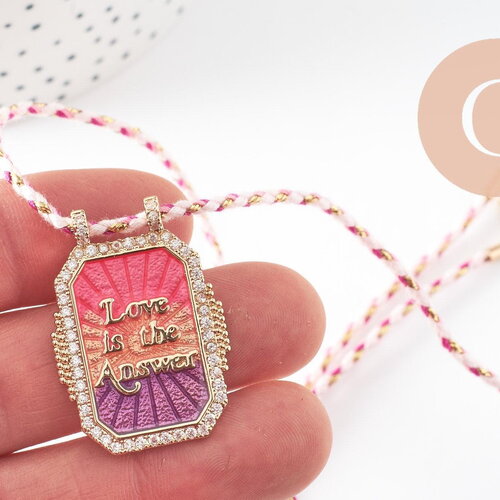 Collier médaille émaillée rose violet love is the answer zamac doré, collier cordon tressé 45cm x1 (g9565)