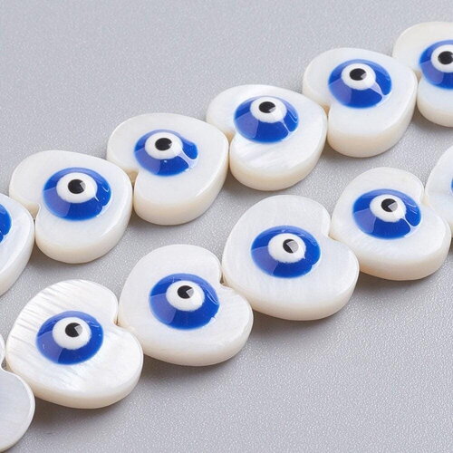Perle coeur nacre blanche mauvais oeil 12mm, chance, cabochon nacre, x10 (g3292)