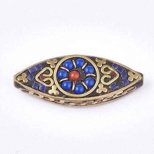 Perles indonésiennes manuelles, avec les accessoires en laiton, oeil de cheval, or, bleu x1 (g5755)