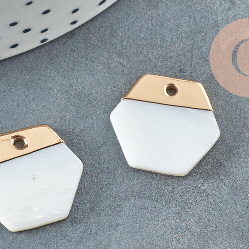 Pendentif hexagone nacre blanche naturelle doré,pendentif hexagone nacre,coquillage blanc, 20mm, x2 g2998