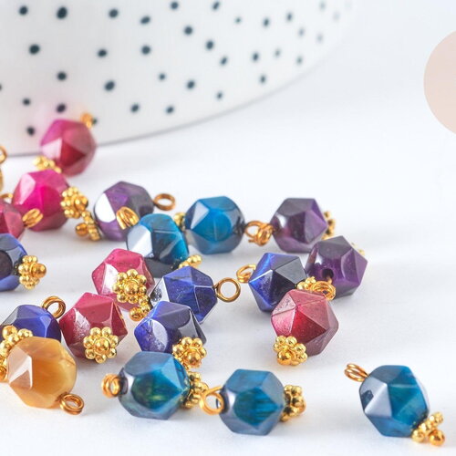 Pendentif œil de tigre naturel teinté zamac doré coloré 13mm, création bijoux pierre naturelle, x1 g7933