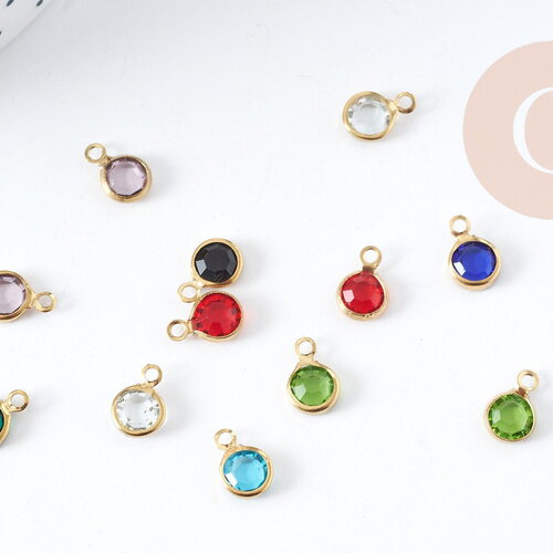 Pendentif breloque rond verre facetté acier 304 inoxydable doré 9.5mm, pendentif doré pour création bijoux x1 g9107