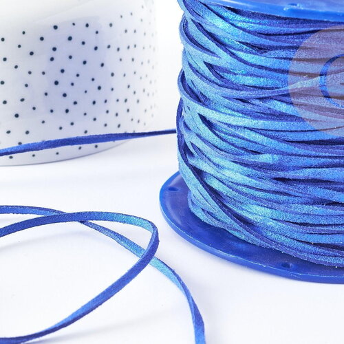 Cordon suédé bleu roi à paillettes imitation cuir 3-4mm, x1 mètre (g0780)
