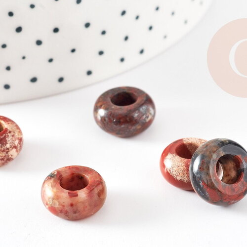 Perle rondelle donut jaspe marron marbré naturelle 14mm, rondelle pierre pour création bijoux x2 g9211