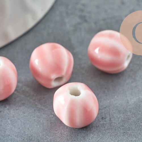 Perle ronde striée porcelaine rose 11mm, x10 (g9528)