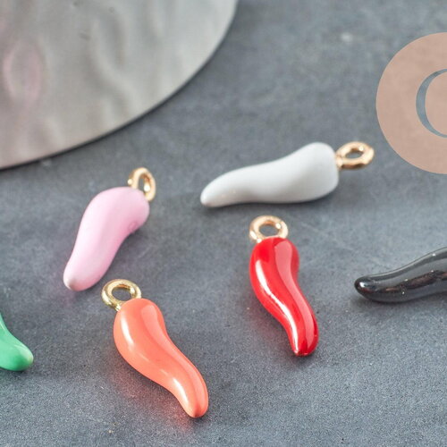 Pendentifs doré piment émail multicolore 15mm, breloque laiton doré coloré pour création bijoux, x5 g9530