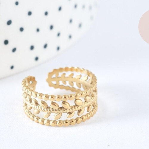 Bague réglable feuille laurier acier 304 inoxydable doré ip taille 54, x1 (g7018)