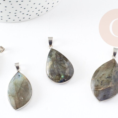 Pendentif labradorite forme mixte laiton argenté, support argenté,pendentif pierre,labradorite naturelle,28-55mm, x1 g2013