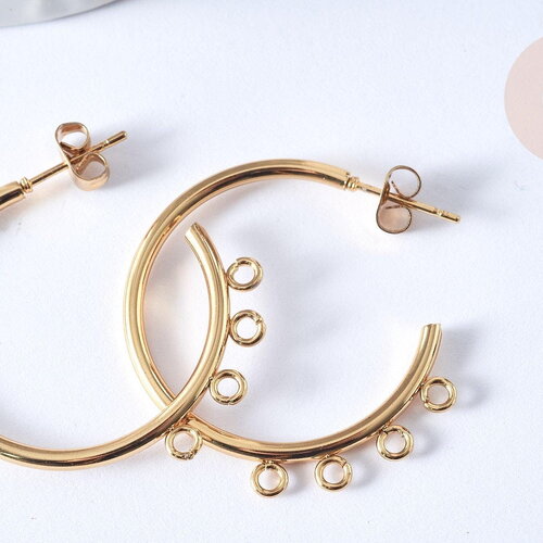 Boucles d'oreilles anneau demi-créole puce acier 304 inoxydable doré 33.5mm doré, x2 (g4089)