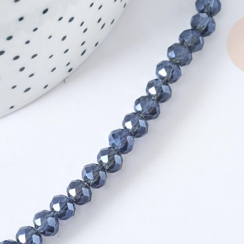Perles rondelle verre opaque facettée gris foncé 6x5mm, diy cristal, fil de 41cm, x1 (g8258)