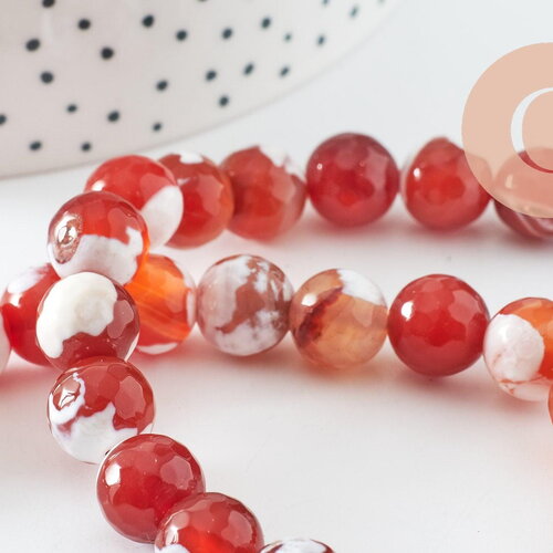 Perle agate naturelle feu rayée orange, 10mm, fil de 38cm, x1 (g1862)