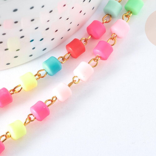 Chaine tube polymère multicolore heishi laiton doré 13mm,chaine pour création bijoux coloré, x1 mètre g7184