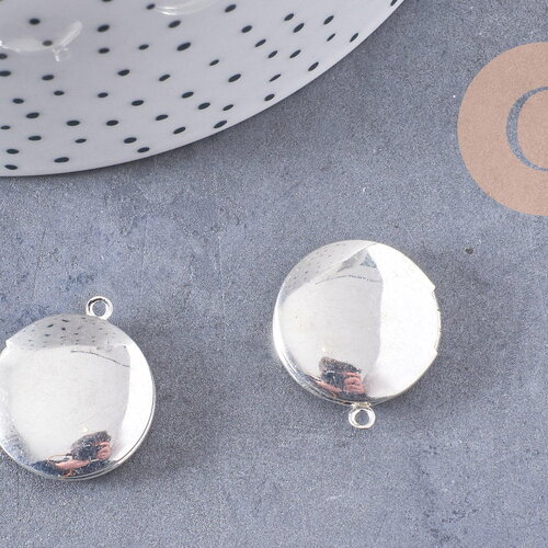 Pendentif locket medaillon zamac argenté 20mm, pendentif locket pour création bijou souvenir x2 (g1514)