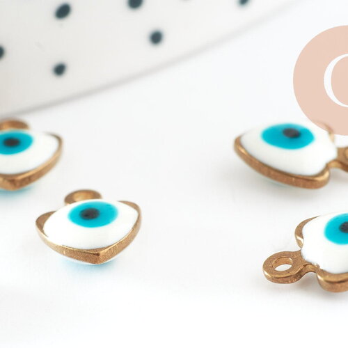 Pendentifs doré coeur émail blanc, mauvais oeil, laiton doré, pendentif chance,création bijoux,11mm, x10 g4302
