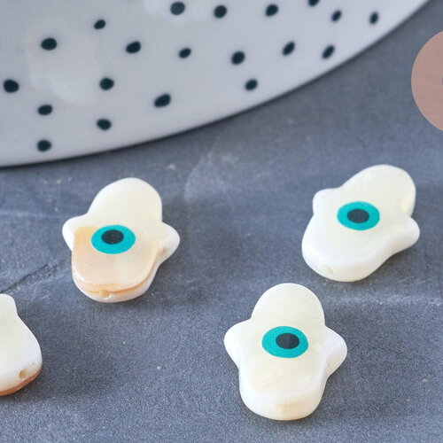 Perle main nacre blanche mauvais oeil bleu 15-16mm, fournitures créatives,chance, cabochon nacre, gri-gri , x1 g6590