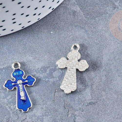 Pendentif croix zamac platine émail bleu 25.5mm,pendentif doré pour création de bijoux,x1 g8474