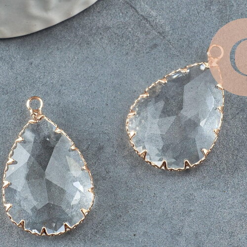 Pendentif goutte doré cristal transparent à facettes 29mm, pendentif création bijoux x1 g9519