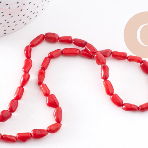 Perle ovale corail rouge, perles corail, corail rouge, corail naturel, fil 40cm,9-13mm, x1 (g0670)