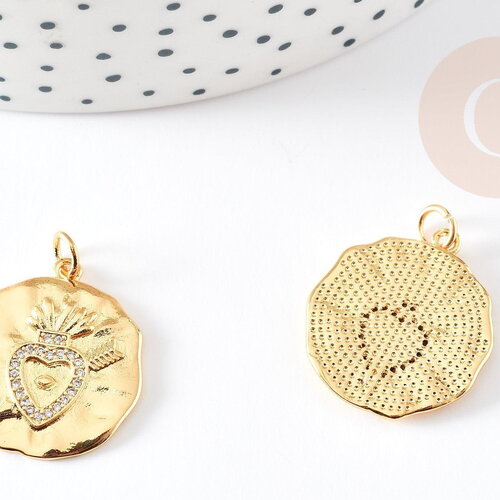 Pendentif médaille coeur sacré laiton doré 18k 22mm sans nickel, création de bijoux, pendentif amour, x1 g5958