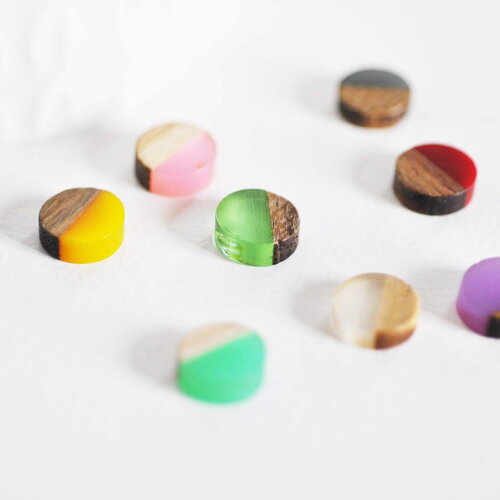 Pendentif disque bois résine, bois naturel, perles bois, perles géométriques,perle ronde,perle ronde bois création bijoux bois,10mm, x5 g033