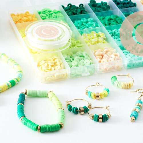 Kit mix de perles heishi vert jaune, coffret et kit pour création de bijoux fantaisie, x1 g9764