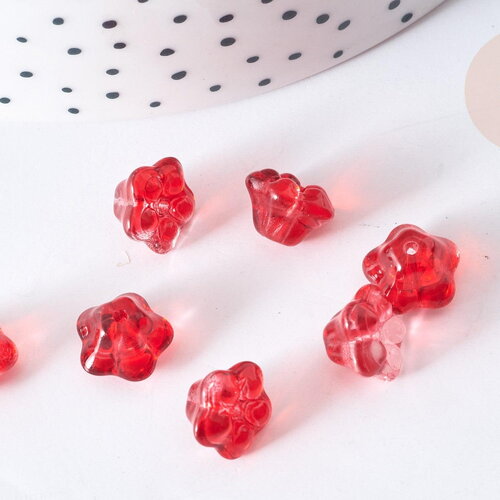 Perle fleur verre transparent rouge 10mm, perle verre fleur, perle artisanale verre, x20 (g7962)