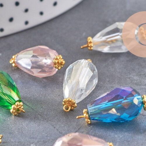 Pendentif goutte verre facetté irisé zamac doré, pendentif doré verre artisanal, 20-21mm, x10 (g5042)