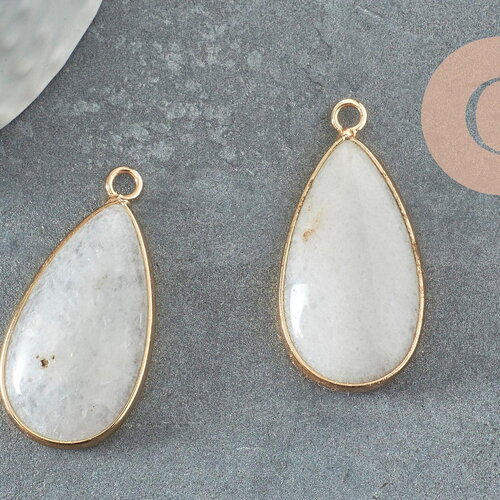 Pendentif goutte jade blanc laiton doré 33mm, x1 (g3381)