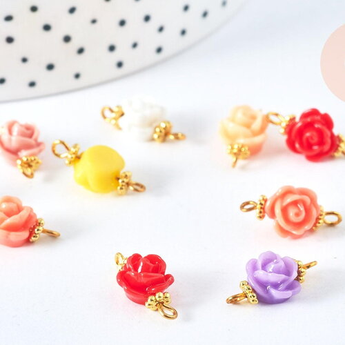 Connecteur fleur résine multicolore laiton doré 9mm, création de bijoux fantaisie, fleur résine époxy, x10 (g6941)