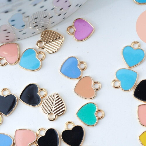 Pendentif coeur zamac doré émail multicolore 12mm,pendentif doré pour création de bijoux, x5 (g6103)