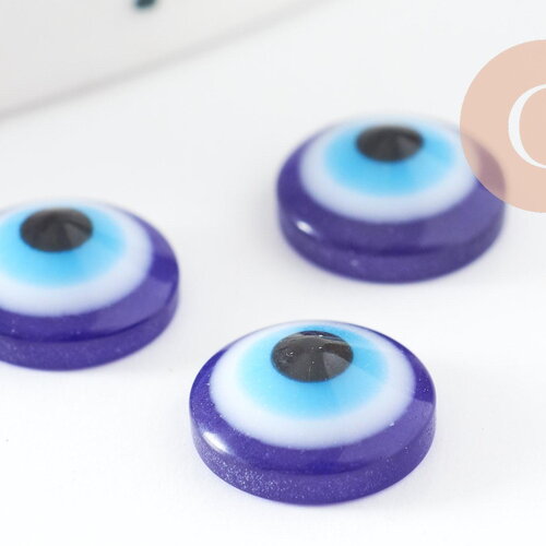 Cabochon rond résine bleue mauvais oeil, chance, cabochon plastique, gri-gri,8mm , x20 (2.7g) g0303