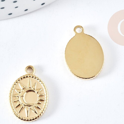 Pendentif ovale soleil acier inoxydable 304 doré ip 22mm, x1 (g8738)