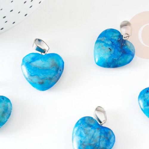 Pendentif coeur pierre naturelle bleu turquoise laiton platine 22mm, pendentif pour création bijou amour x1 g9262