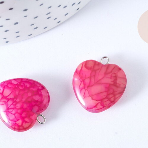 Pendentif cœur agate craquelée brésilienne violet-rose fer argenté 22mm, x1 g7926