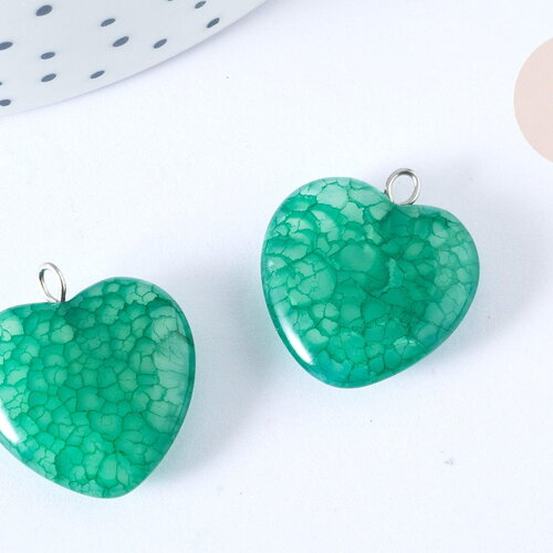 Pendentif cœur agate brésilienne vert foncé fer argenté 22mm, création bijoux pierre naturelle, x1 g7927