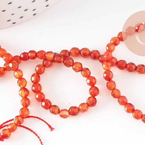 Perle ronde agate naturelle orange brique facettée 4mm, x1 fil de 90 perles(g2429)