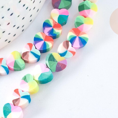 Perles cœur polymère multicolore heishi 9mm, perles plastique coeur, le fil de 34cm g7200