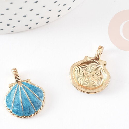 Pendentif coquillage zamac doré bleu ciel 24.5mm, pendentif coquillage pour création bijoux, x2 g3417