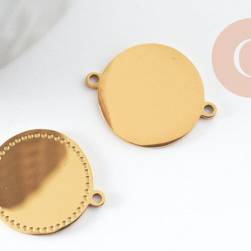 Pendentif connecteur rond acier 304 inoxydable doré motif pointillé 19mm, x1 (g10184)