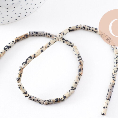 Perle tube jaspe dalmatien naturel 13-14mm,jaspe tacheté naturel,perles pierre, fil de 40.5cm, x1 (g4070)