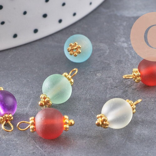 Pendentif rond doré carats verre sablé multicolore, pendentif doré cristal, création bijoux,14mm, x10 (g4185)
