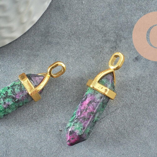 Pendentif pointe rubis zoisite naturelle laiton doré 37-40mm, pendentif bijou pierre naturelle, x1 g5206
