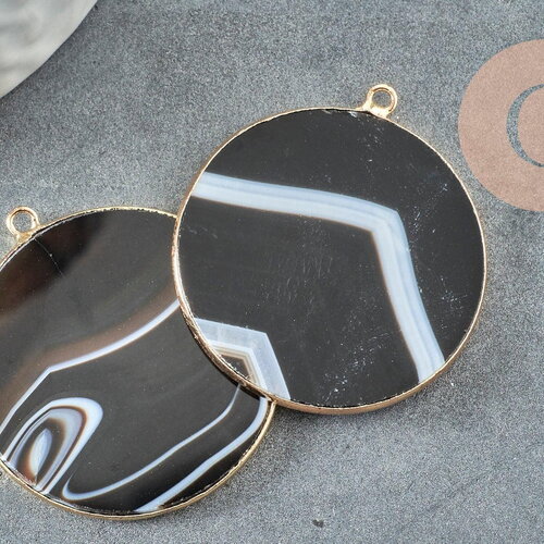 Pendentif rond agate rayée noir 32mm,pendentif bijoux pierre naturelle, x1 g2987