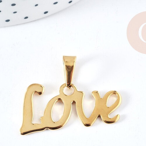 Pendentif lettre love acier inoxydable 304 doré 34.5mm, bijoux fantaisie acier doré, x1 g8857
