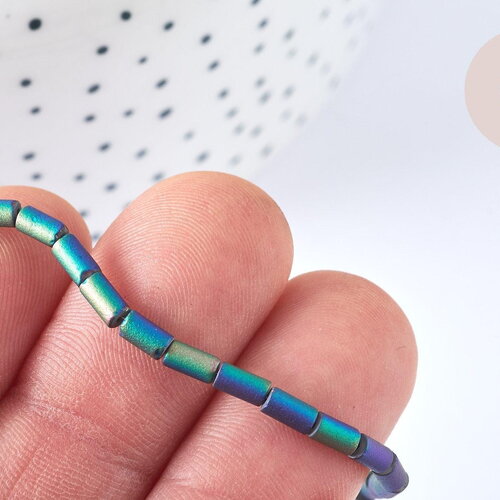 Perle tube verre mat métallisé vert &amp; violet, 5x3mm, fil de 49.9cm perles, x1 (g5033)