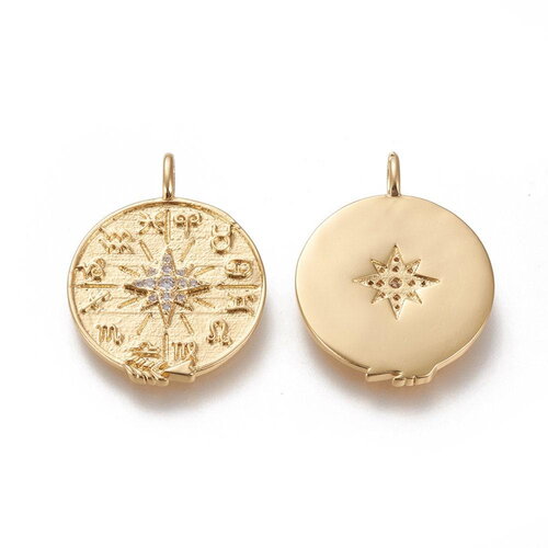 Pendentif médaille ronde boussolle étoile laiton doré 18k zircons, un pendentif doré avec cristal pour création bijoux,29.8mm, x1,g7043