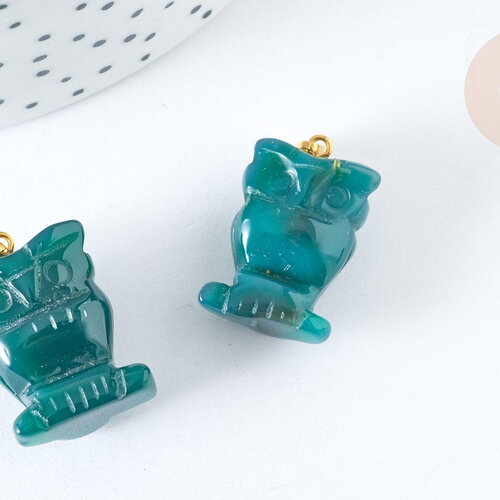 Pendentif hibou agate verte support doré 20mm, pendentif pierre agate naturelle verte,pierre naturelle, x1, g7570